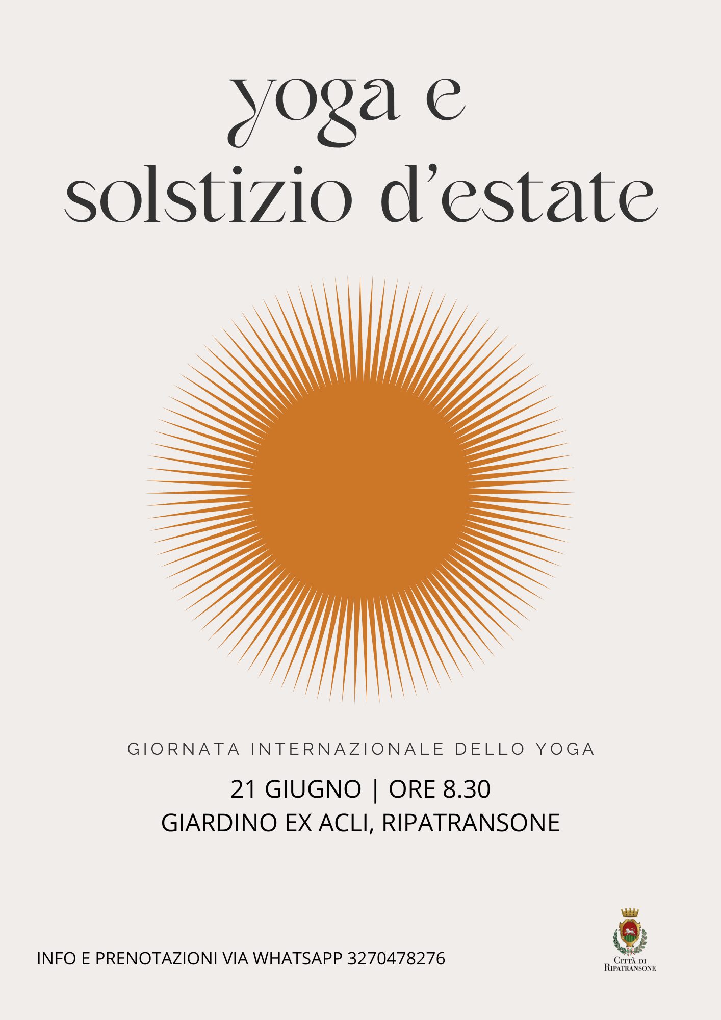 sole centrale illustrazione stilizzata bidimensionale. titolo centrale in alto ed informazioni evento in basso centrate.